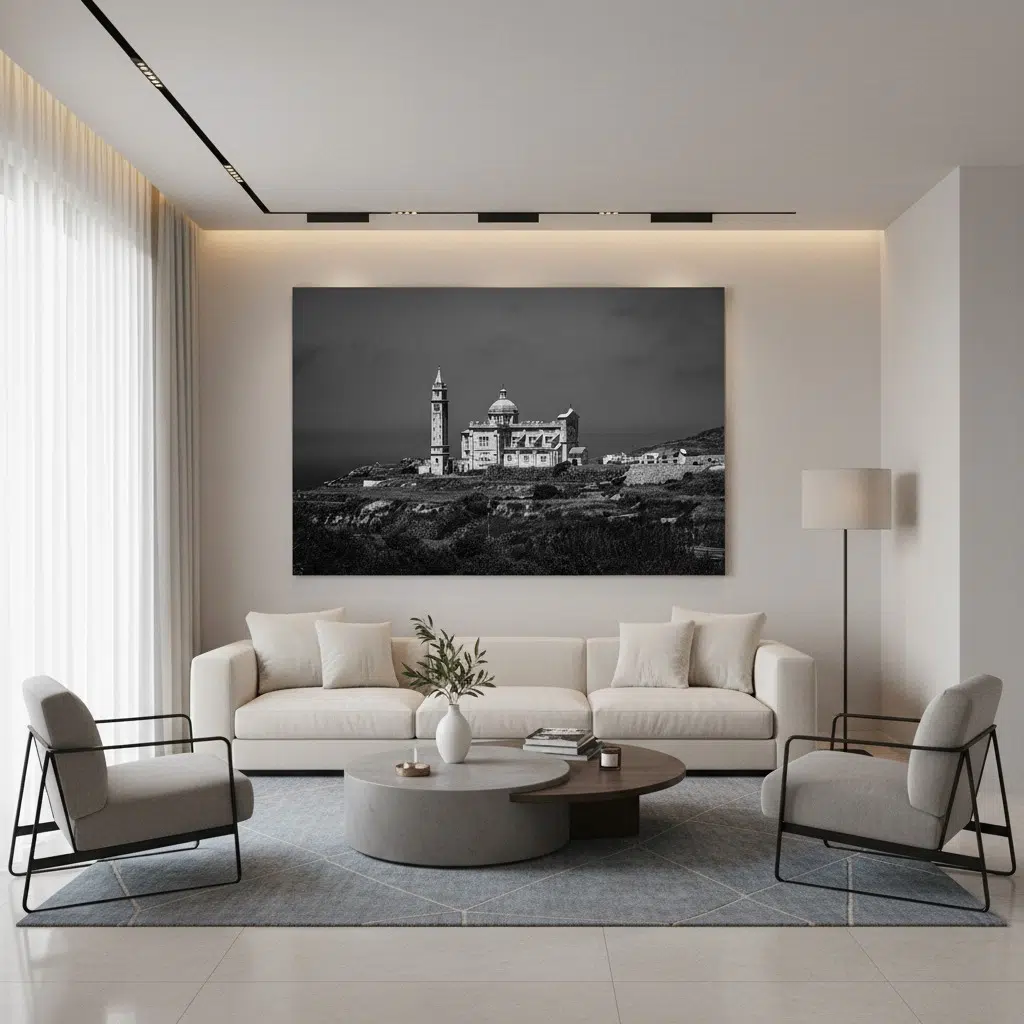 Modern minimalist living room with large black-and-white artwork