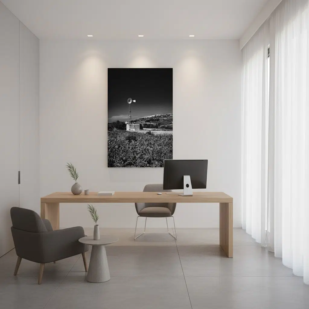 Minimalist office with wooden desk and windmill artwork