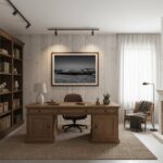Cozy home office with wooden desk and shelves
