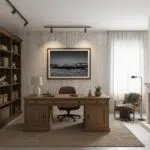 Cozy home office with wooden desk and shelves