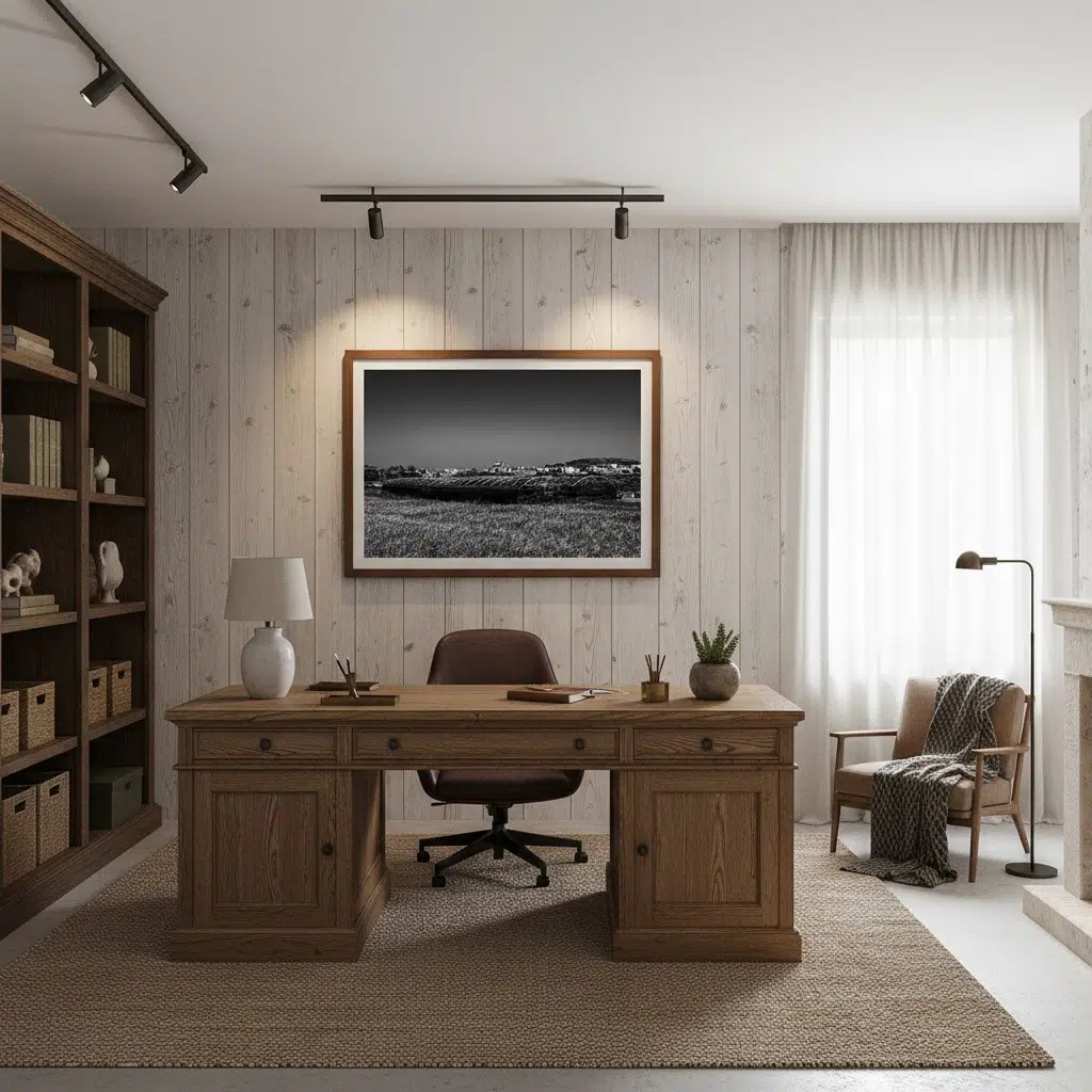 Cozy home office with wooden desk and shelves
