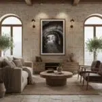 Rustic stone living room with wooden furniture
