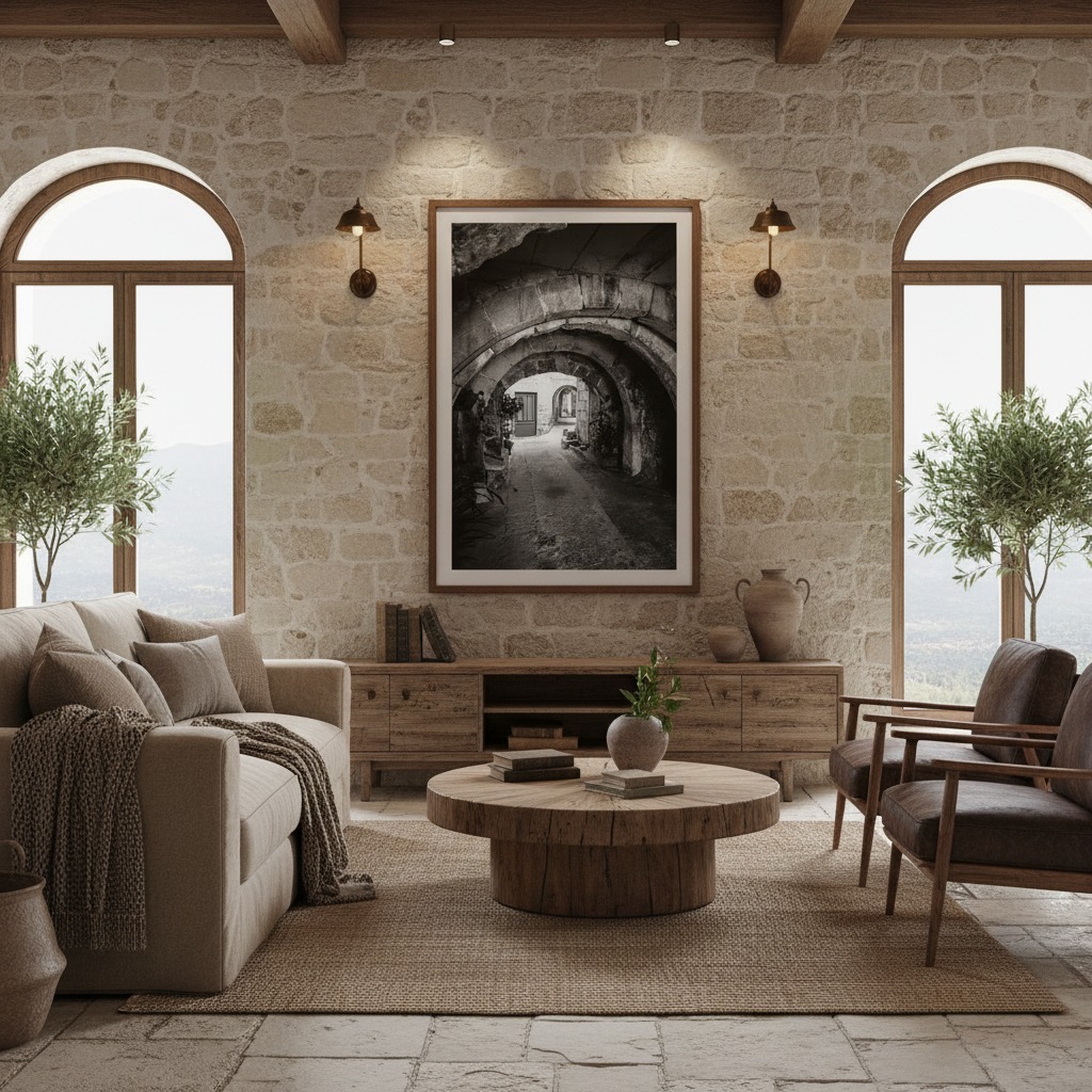 Rustic stone living room with wooden furniture