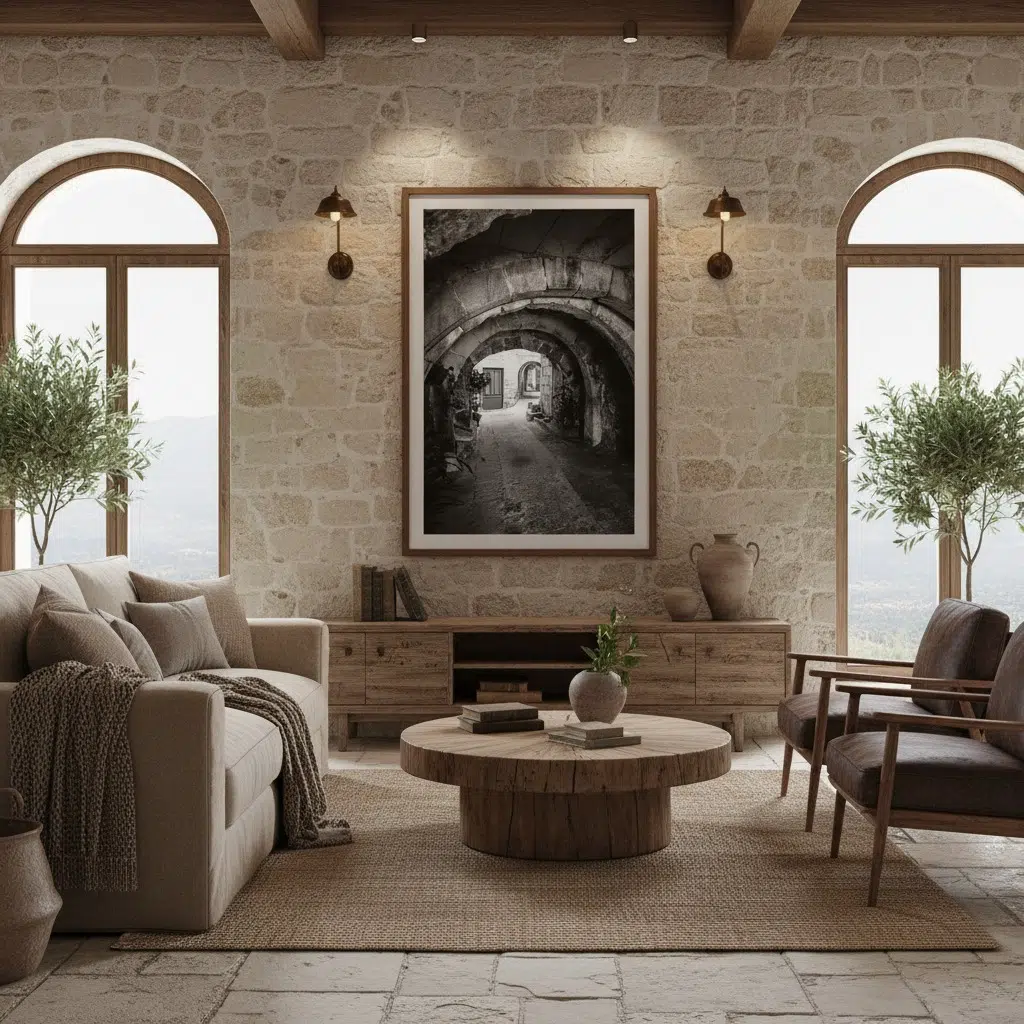 Rustic stone living room with wooden furniture