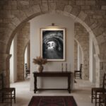 Stone arches framing rustic hallway with console table