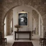 Stone arches framing rustic hallway with console table