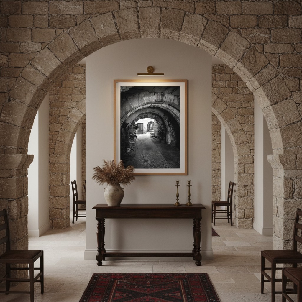 Stone arches framing rustic hallway with console table