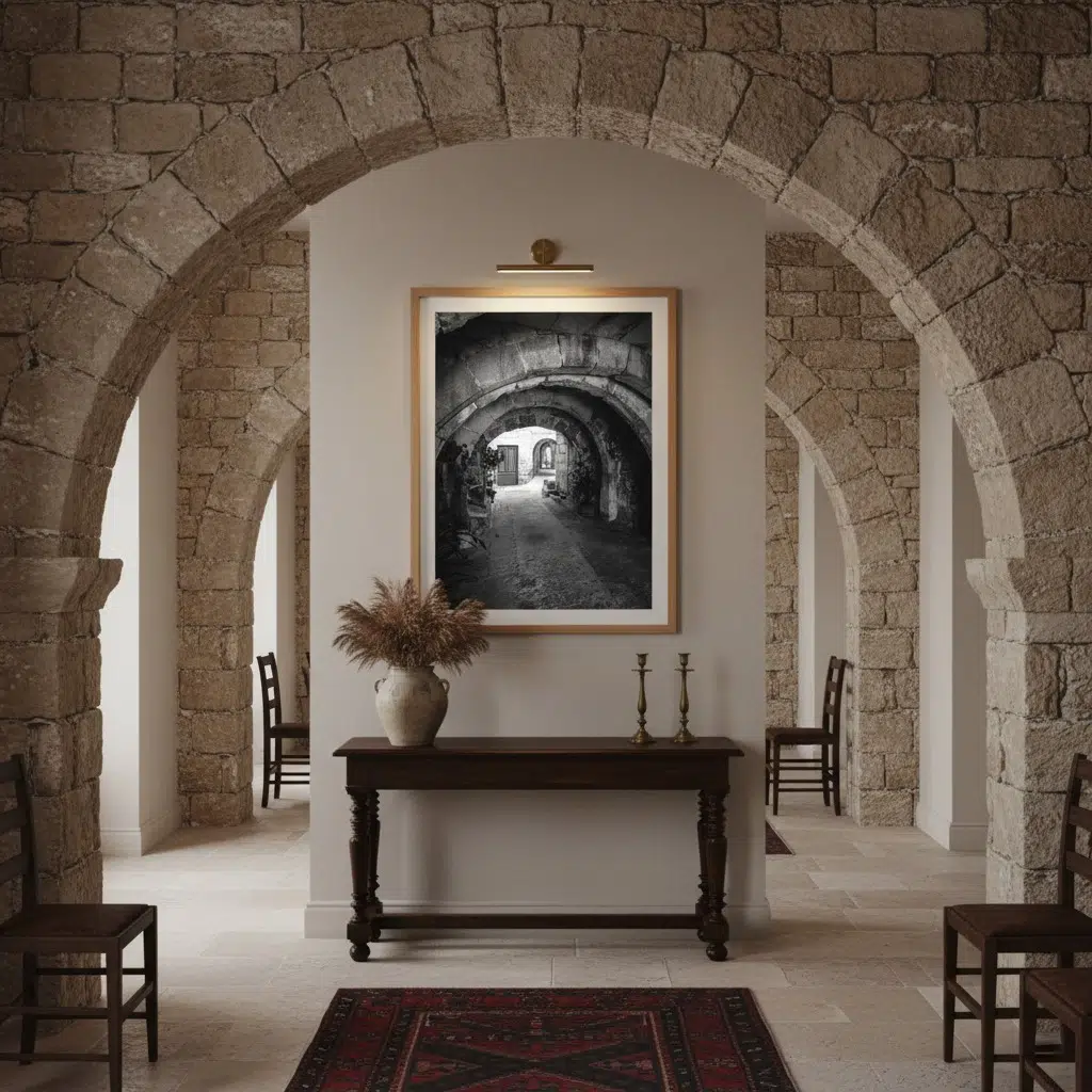 Stone arches framing rustic hallway with console table