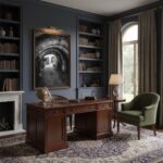 Elegant home office with wooden desk and bookshelves
