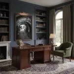 Elegant home office with wooden desk and bookshelves