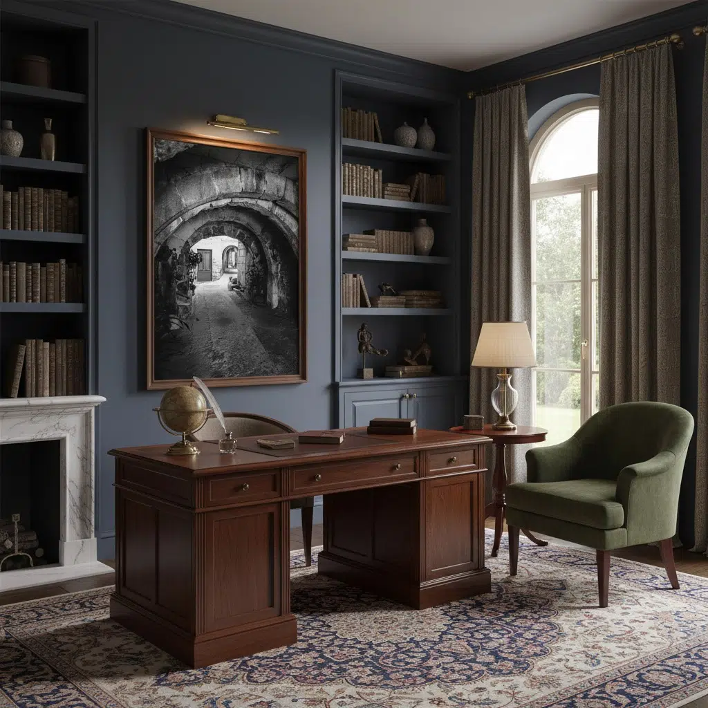 Elegant home office with wooden desk and bookshelves