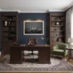 Elegant home office with wooden desk and bookshelves