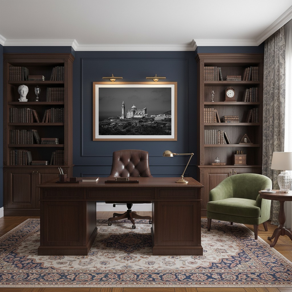 Elegant home office with wooden desk and bookshelves