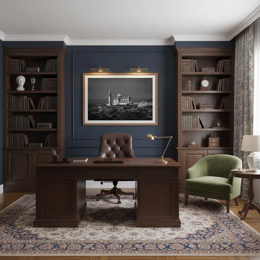 Elegant home office with wooden desk and bookshelves