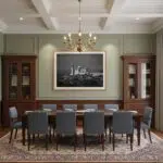 Elegant dining room with chandelier and framed photograph