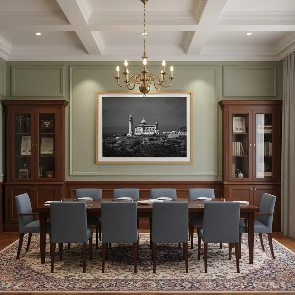 Elegant dining room with chandelier and framed photograph