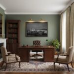Traditional office with wooden desk and green walls