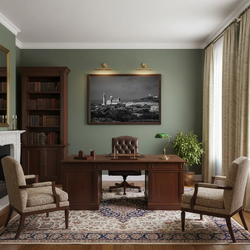 Traditional office with wooden desk and green walls
