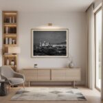 Modern minimalist living room with framed black-and-white wall art