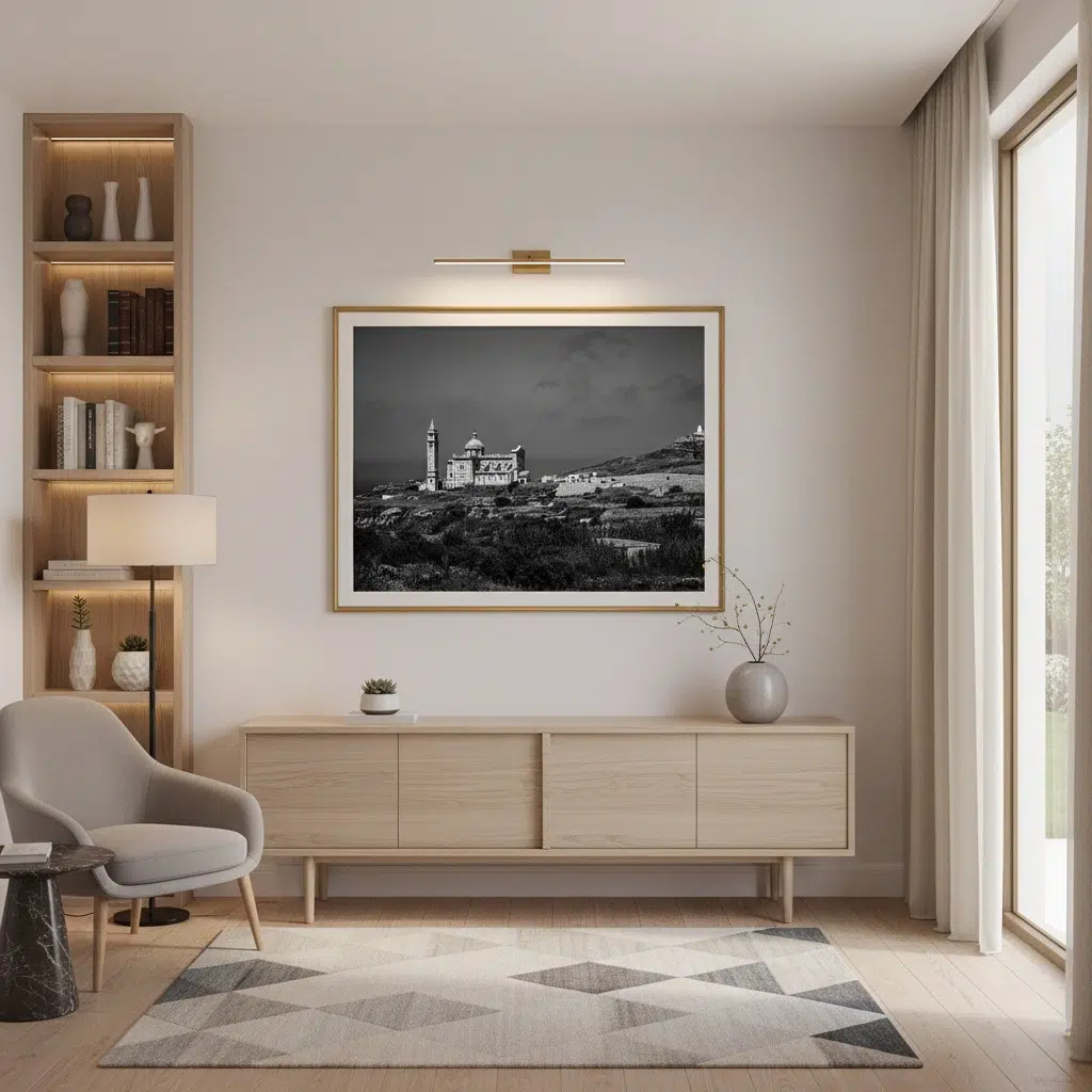 Modern minimalist living room with framed black-and-white wall art