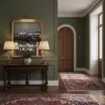 Elegant green hallway with wooden console and rugs