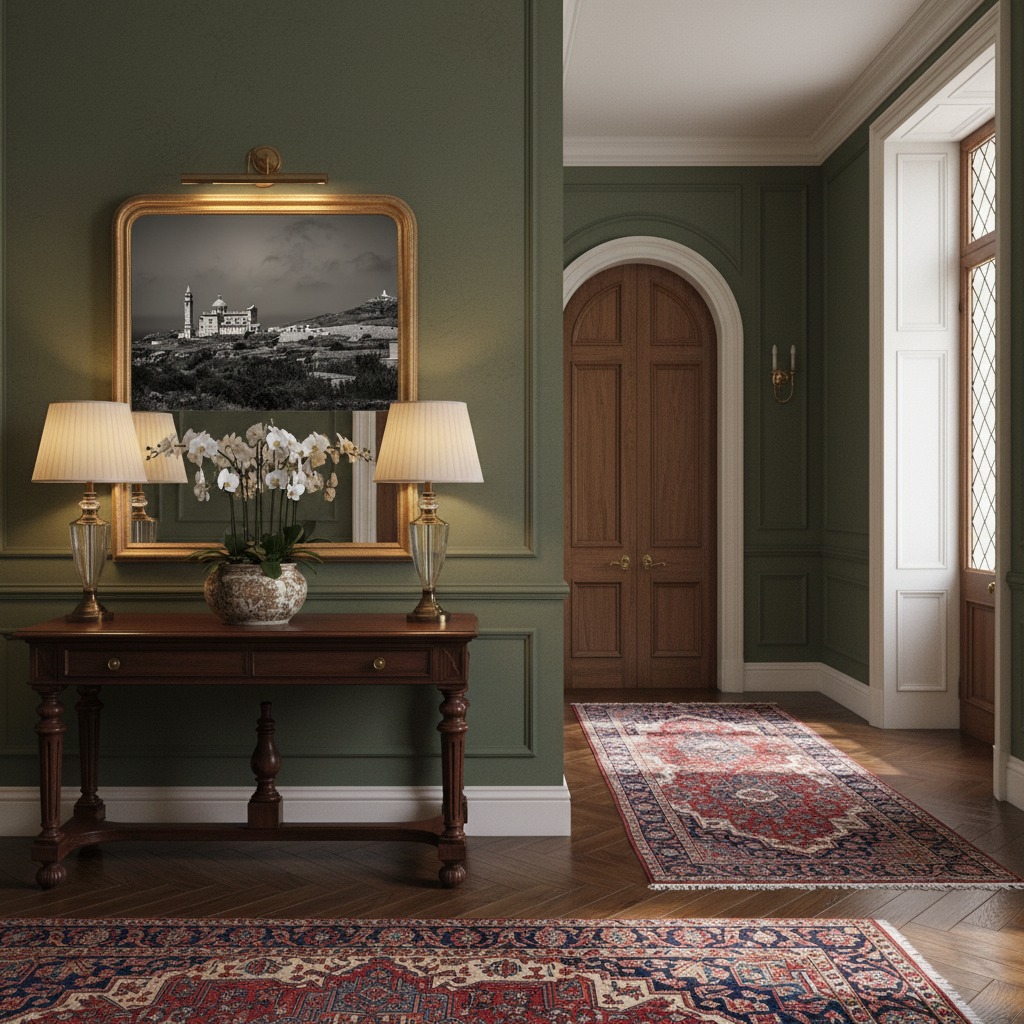 Elegant green hallway with wooden console and rugs
