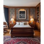 Traditional wooden bedroom with sleigh bed and rug