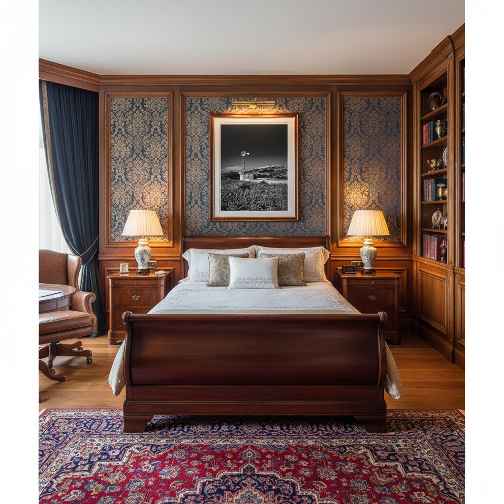 Traditional wooden bedroom with sleigh bed and rug