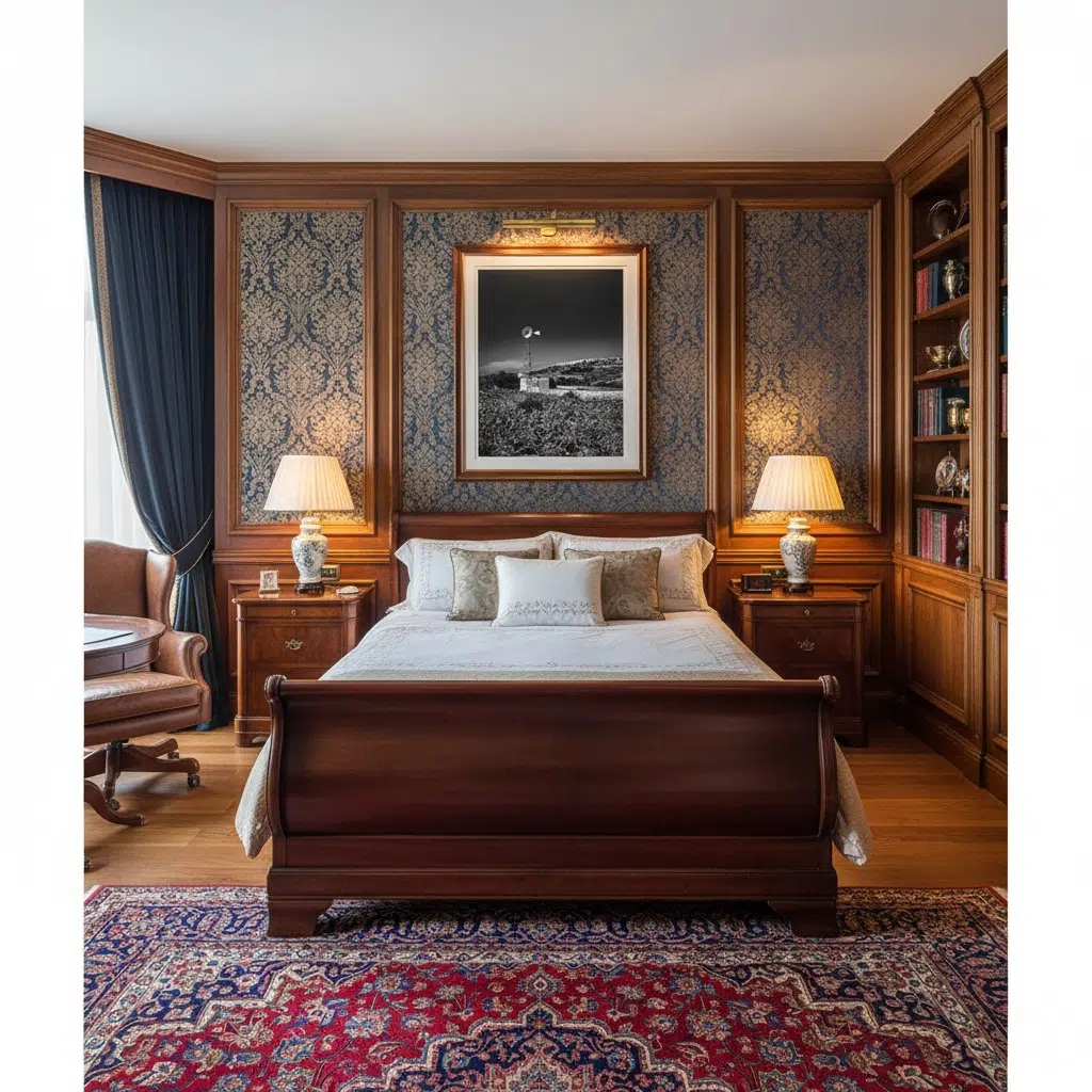 Traditional wooden bedroom with sleigh bed and rug