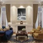 Elegant living room with fireplace and blue sofa