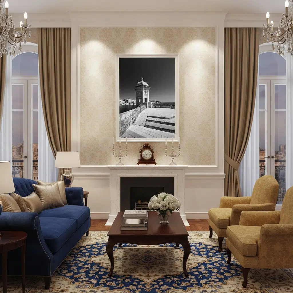Elegant living room with fireplace and blue sofa