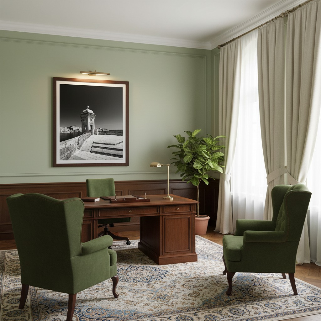 Elegant home office with green chairs and wooden desk