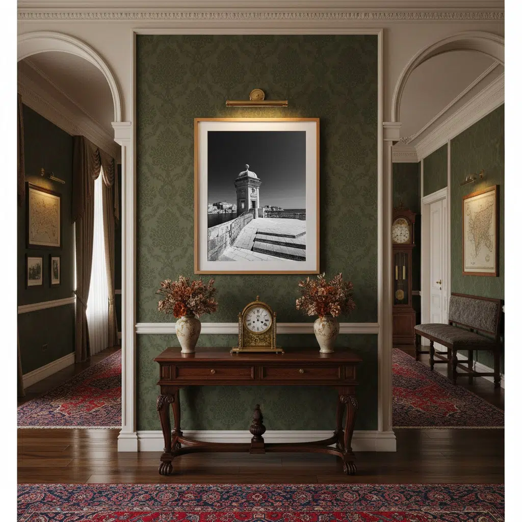 Elegant hallway with console table and framed photograph