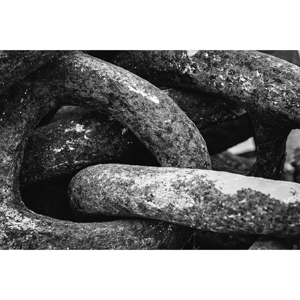 Close-up of weathered interlocking metal chain links