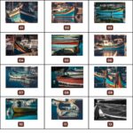 Grid of colorful fishing boats moored in a harbor