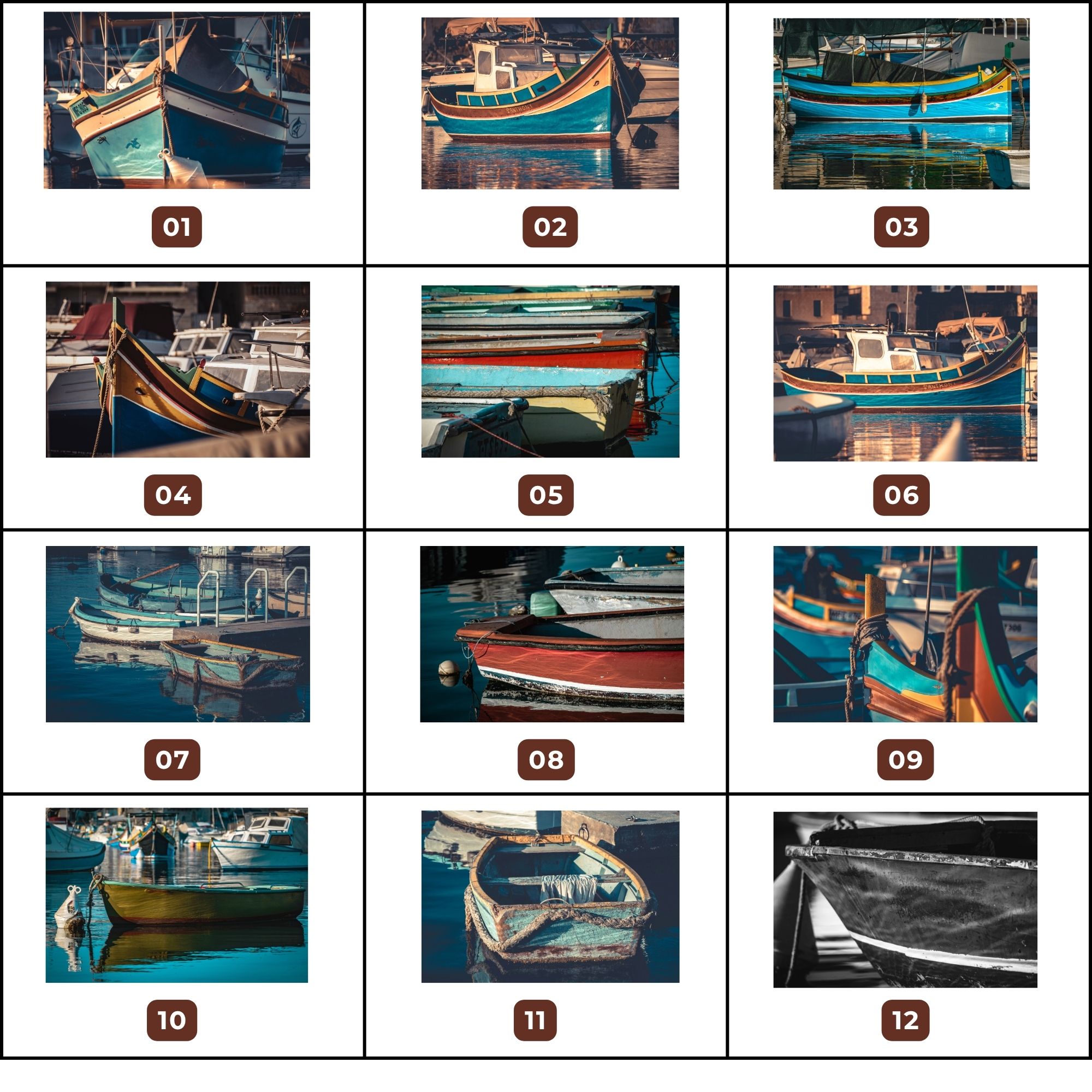 Grid of colorful fishing boats moored in a harbor