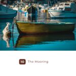 Green rowboat moored among fishing boats in calm harbor