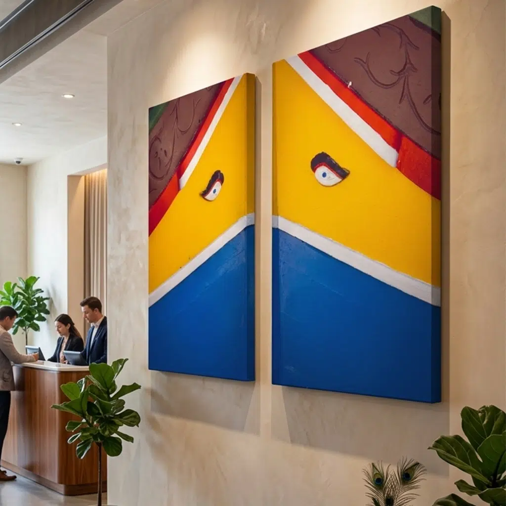 Colorful abstract paintings in modern office lobby
