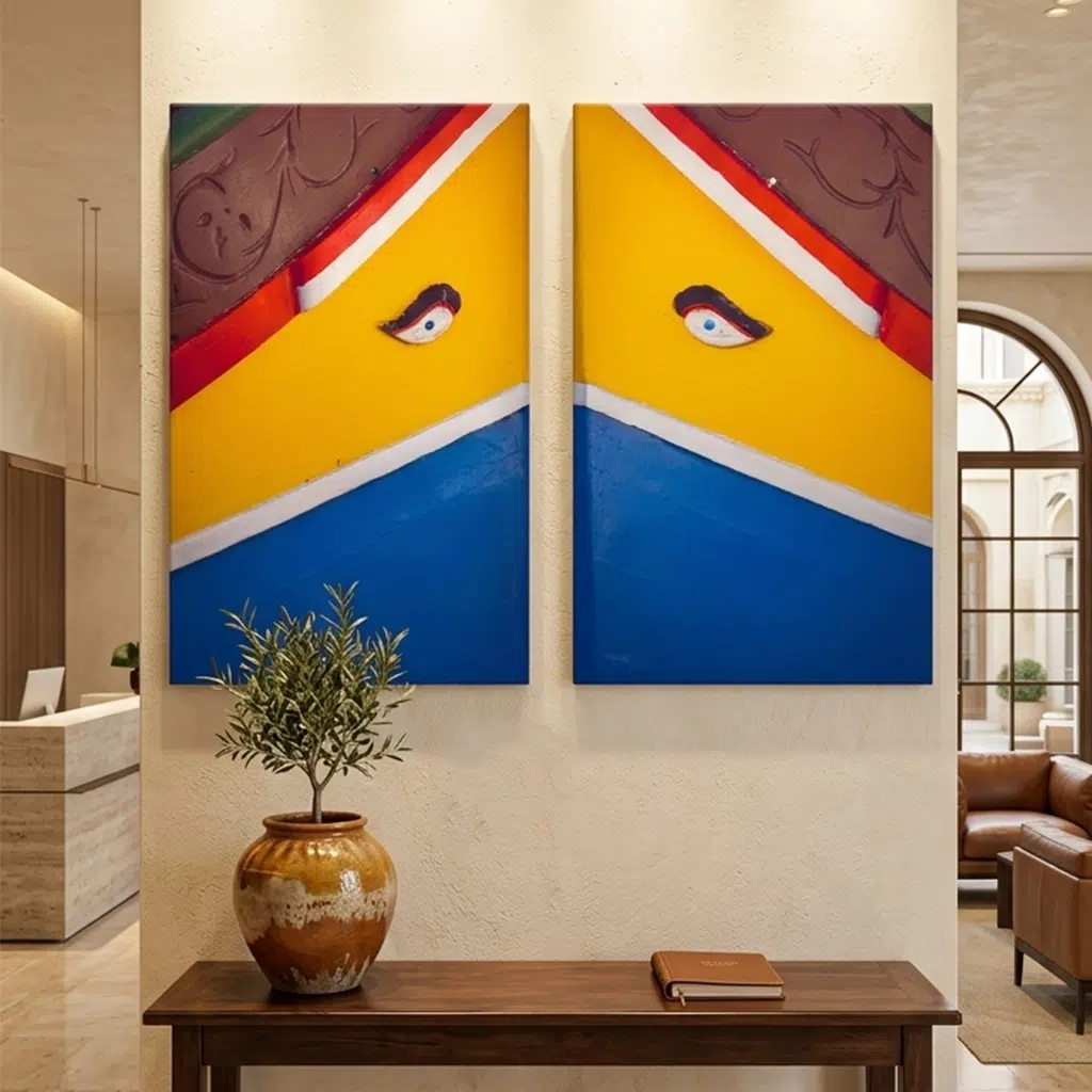 Colorful abstract face artwork in modern interior