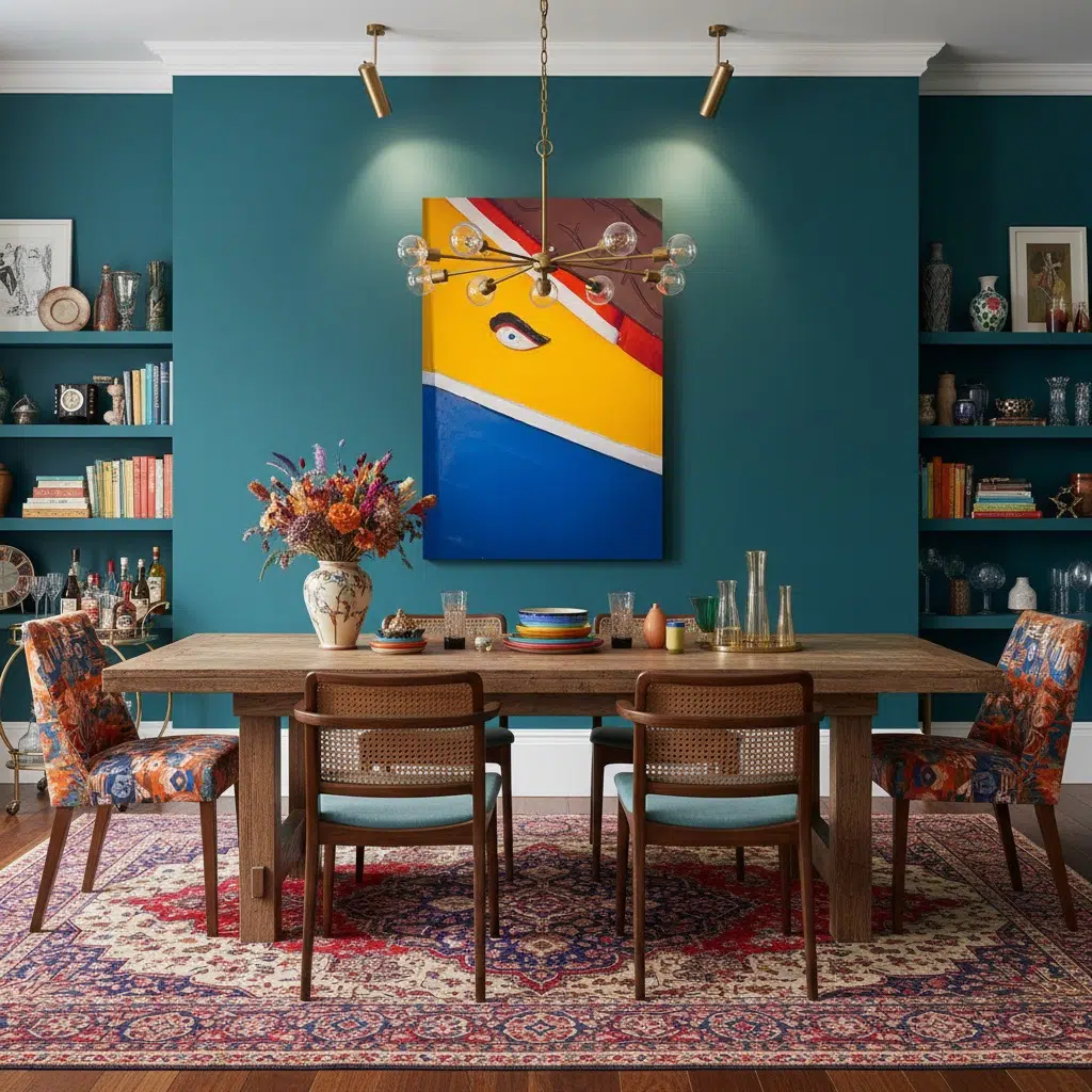 Colorful modern dining room with teal walls and art