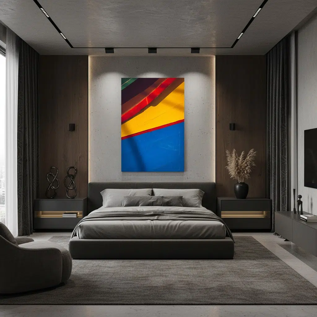 Modern bedroom with colorful abstract wall art