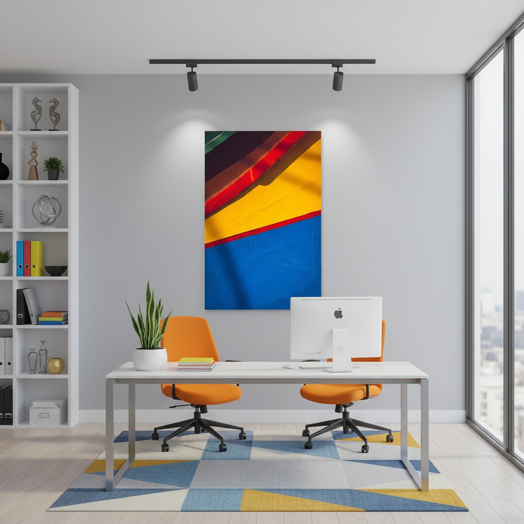 Modern office with abstract art and orange chairs