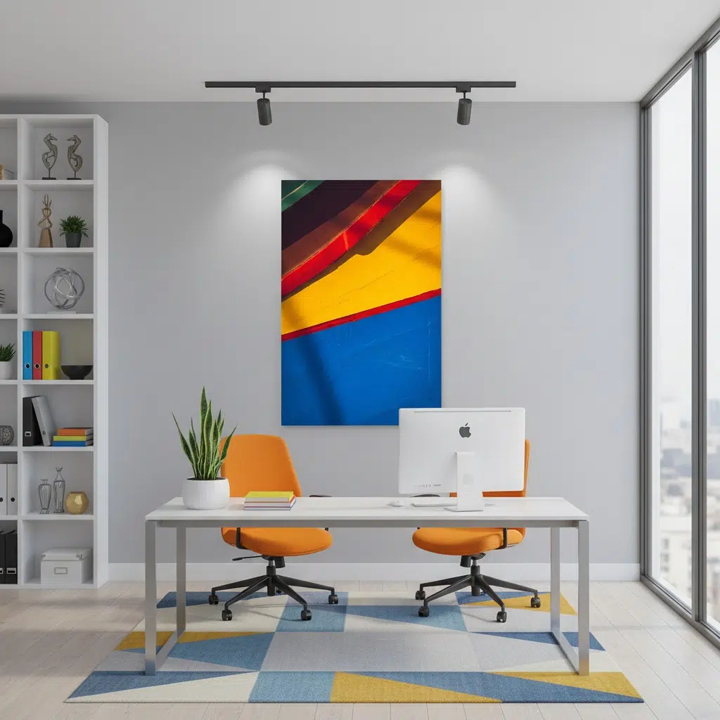 Modern office with abstract art and orange chairs