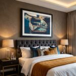 Luxury bedroom with boat artwork above tufted bed