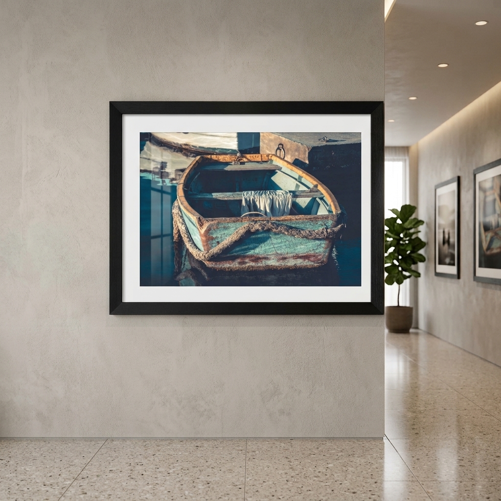 Framed photograph of a weathered boat in modern hallway