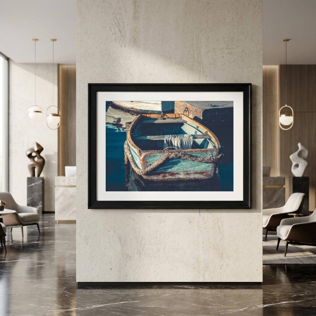 Framed rowboat artwork in a modern luxury living room