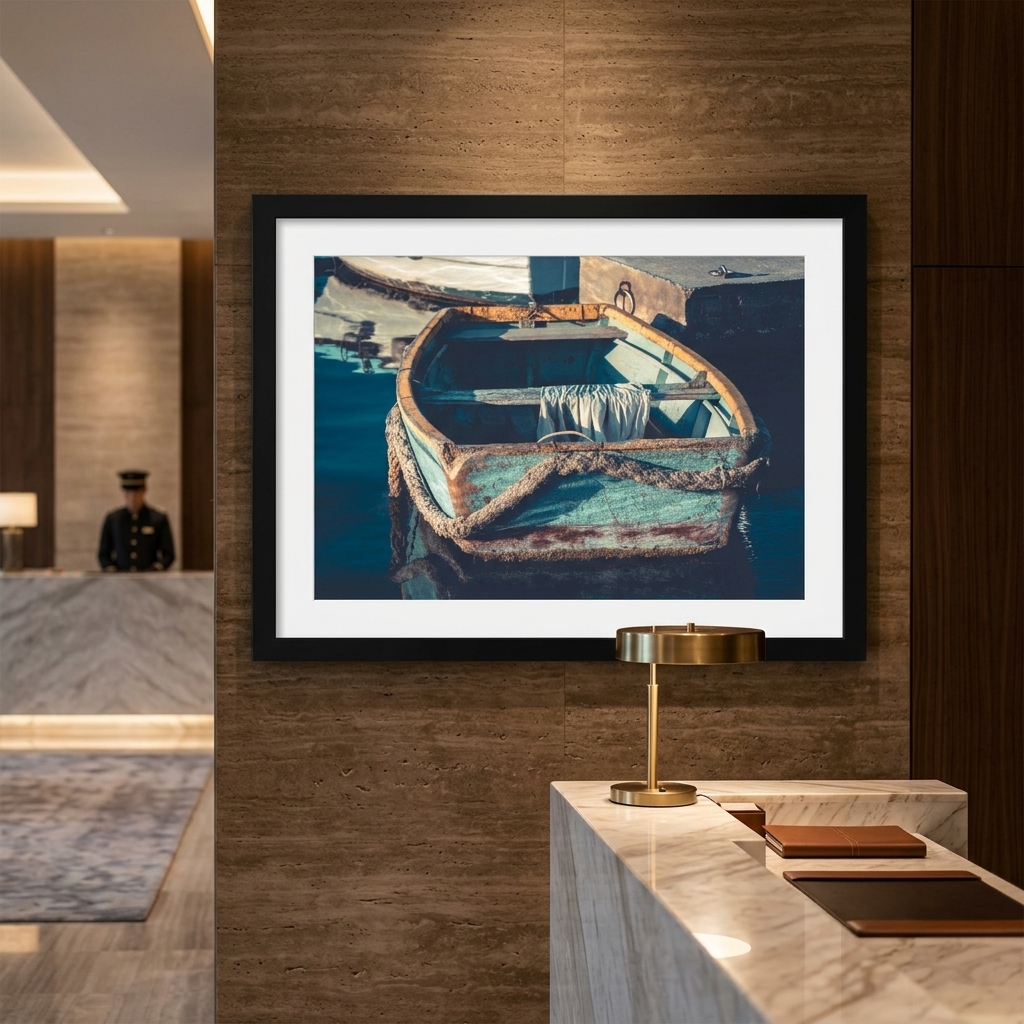 Framed fishing boat artwork above marble reception desk
