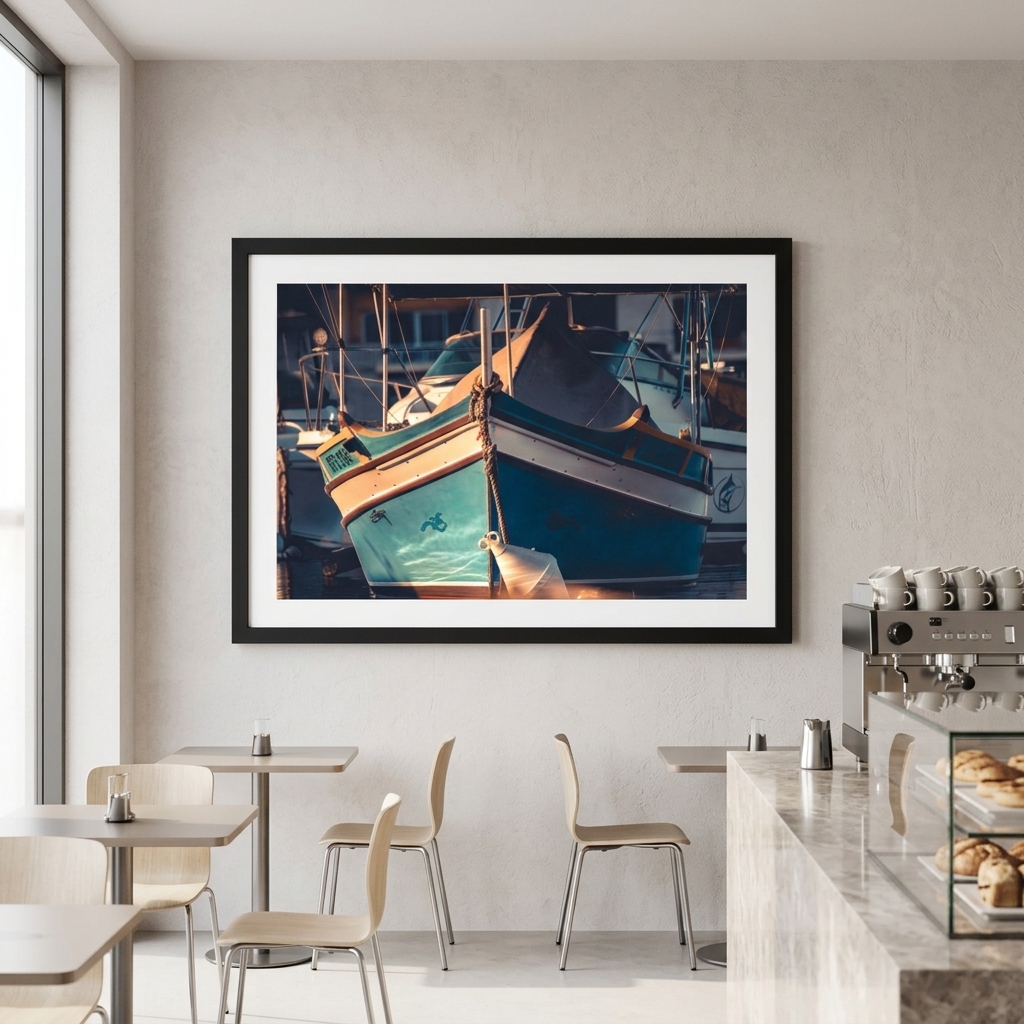 Framed fishing boat photograph above modern café seating