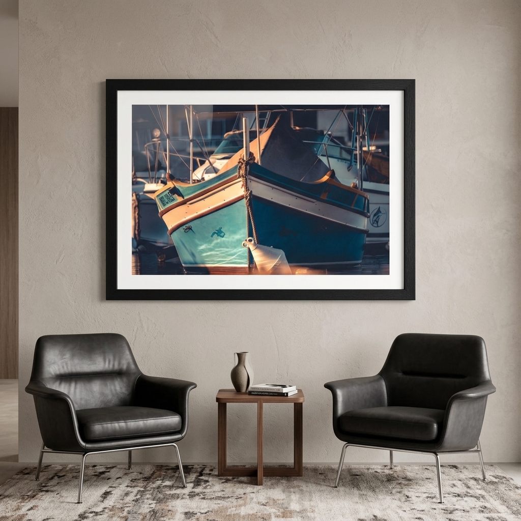 Framed turquoise boat photograph above black lounge chairs