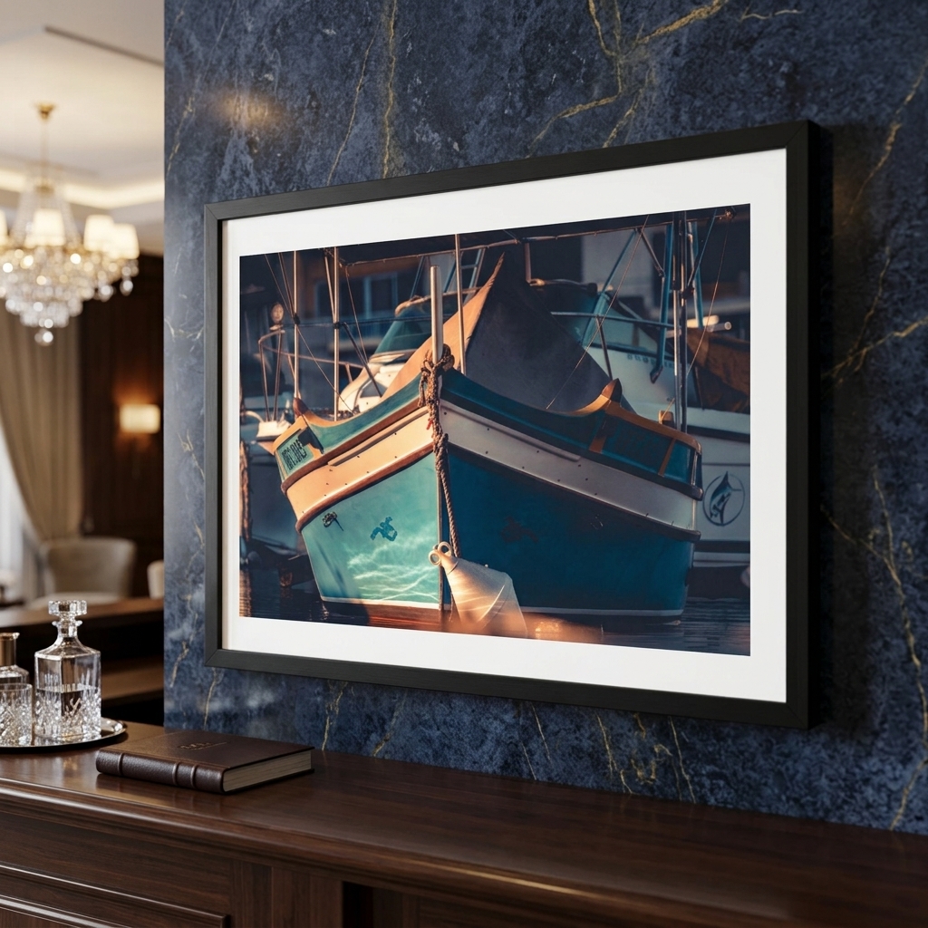 Framed turquoise boat photograph on dark marble wall